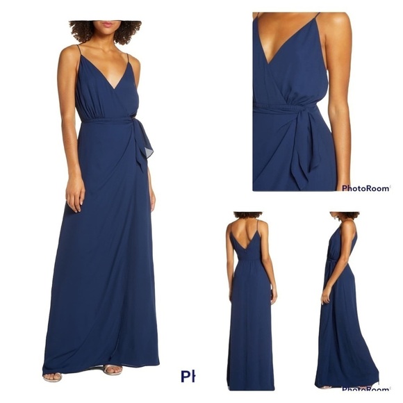 NWT WAYF Navy Blue Faux Wrap Wynona V Neck Maxi Gown Dress Size Large - Picture 1 of 8